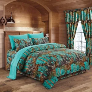 The Woods Teal Camouflage Queen 8pc Premium Luxury Comforter, Sheet, Pillowcases, and Bed Skirt Set by Regal Comfort Camo Bedding Set For Hunters Cabin or Rustic Lodge Teens Boys and Girls