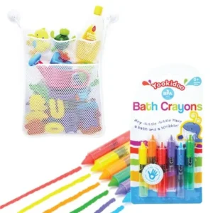 Eutuxia Baby Bath Combo. Bathtub Crayons + Toy Organizer. Includes Mesh Net Bag, 4 Lock Tight Suction Hooks, and 6 Colorful Crayon Set. Fun Entertainment for Kids, Toddlers, and Children. BPA Free.