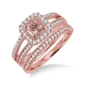 1.50 Carat Morganite & Diamond Antique Bridal set Halo Ring in 10k Rose Gold affordable wedding bridal ring set