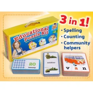 Educational Puzzles for Kids, 3 in 1 Learn Spelling, Counting and Community Helpers Puzzle Card Toys 50 Cards for Fun and Easy Early Learning with Carry Case for Boys, Girls, Preschoolers and Toddlers