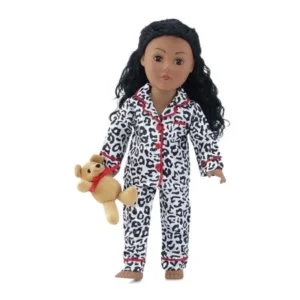 18 Inch Doll Clothes |Trendy Black and White Cheetah Print 2 Piece Pajama Outfit with Red Trim and Cuddly Teddy Bear | Fits American Girl Dolls