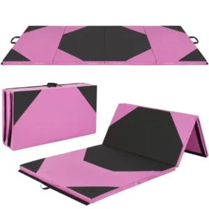 Best Choice Products 10ft 4-Panel Extra-Thick Foam Folding Exercise Gym Floor Mat for Gymnastics, Aerobics, Yoga, Martial Arts w/ Carrying Handles - Pink/Black