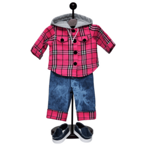 18 Inch Doll Clothes Outfit & Shoes, Farm Girl Pink Flannel Shirt, Jeans & Denim Shoes