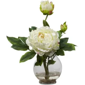 Peony Silk Flower Arrangement with Fluted Vase, White