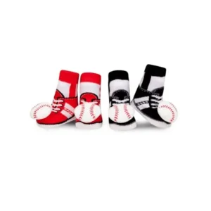 Waddle and Friends 2 Pack Boutique Boys Baby Socks Baseball Shoe Socks Newborn Booties 0-12 Months Baby Slippers Red and Black with Sensory Baby Rattle Foot Finders Baby Shower Gift Idea!