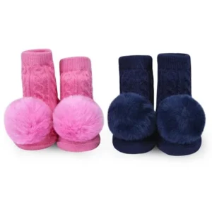 Waddle Waddle Faux Fur Fluffy Ball Pom Pom Babby Rattle Socks Newborn 0-12 Pink Navy