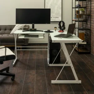 Modern Glass and Metal White L-Shaped Corner Computer Desk by Manor Park