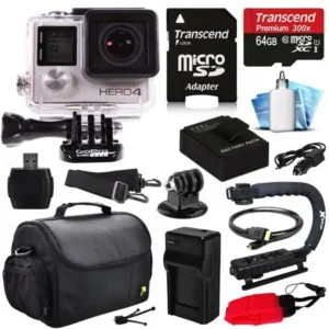GoPro HERO4 Hero 4 Silver Edition 4K Action Camera Camcorder with 64GB MicroSD Card, Battery, Charger, Large Case, Stabilizer Handle Grip, HDMI, MicroSD Reader, Dust Cleaning Care Kit (CHDHY-401)