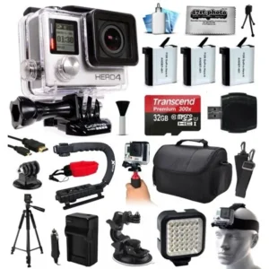 GoPro HERO4 Silver Edition Action Camera with 32GB MicroSD, 3x Batteries, Charger, Card Reader, Large Case, Action Handle, Tripod, Car Mount, LED Light, Helmet Strap, Dust Cleaning Kit(CHDHY-401)