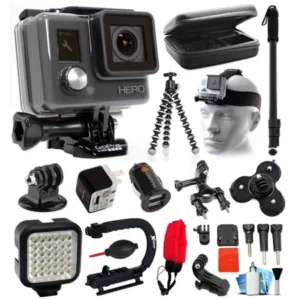 GoPro HD HERO Waterproof Action Camera Camcorder with Deluxe Sports Bundle includes Travel Case + Selfie Monopod Stick + Head/Helmet Strap + Charger + LED Video Light + Grip Stabilizer (CHDHA-301)