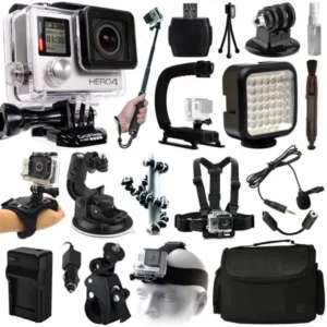 GoPro HERO4 Hero 4 Black Edition Action Camera Camcorder + Selfie Stick + Stabilizer + LED Video Light + Microphone + Chest Strap + Hand/Wrist Glove Strap + Head/Helemet Mount + Case (CHDHX-401)