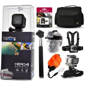 GoPro Hero 4 HERO4 Session CHDHS-101 with 32GB Ultra Memory + Large Travel Case + Head/Chest Mount + Selfie Stick + Wrist Glove + Floaty Strap