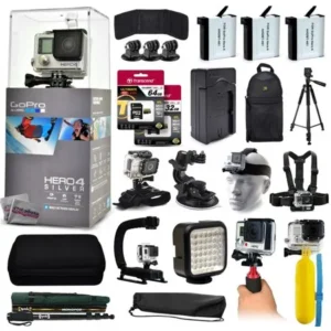 GoPro Hero 4 HERO4 Silver CHDHY-401 with 96GB Memory + 3x Batteries + Travel Charger + Backpack + 60? Tripod + Head/Chest Strap + Suction Cup + Hand Glove + LED Light + Stabilizer + Case + More!