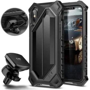 iPhone X Case, ELV iPhone 10 Case Heavy Duty High Impact Resistant Rugged Armor Hybrid Full Body Protective Case Cover for Apple iPhone X / iPhone 10 with Air Vent Magnetic Car Mount (black)