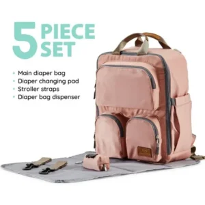 SoHo diaper bag backpack Daily Essential 5 pcs nappy tote bag for baby mom dad stylish insulated unisex multifuncation large capacity waterproof durable includes changing pad stroller straps Pink
