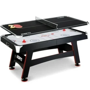 ESPN 72 Inch Air Powered Hockey Table with Table Tennis Top & In-Rail Scorer, Includes Paddle and Ping Pong Balls, Pushers and Pucks, 6 Ft, Black & Red