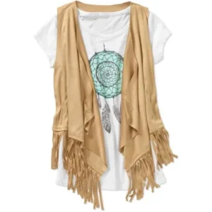 Girls' 2fer Fringe Vest and Scoop Neck Screened Tshirt