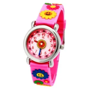 Waterproof 3D Cute Cartoon Digital Silicone Wristwatches Time Teacher Gift for Little Girls Boy Kids Children (Pink -Sunflower)