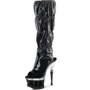 Black Patent Knee High Peep Toe Slouch Boots with Textured 6.5 Inch Heels