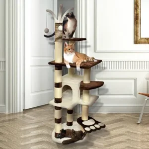"Premium Cat Tree Tower Condo Scratch Furniture, 64"", Brown and White"