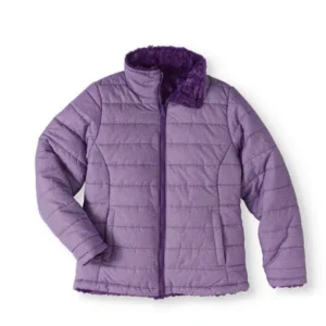 Climate Concepts Girls' Mock Neck Quilted Jacket with Faux Fur Lining