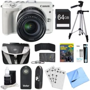 Canon EOS M3 Digital Camera EF-M 18-55mm Lens 64GB Bundle includes Camera, Lens, 64GB Card, Reader, Wallet, Tripod, Bag, Remote, Filters, Protectors, DVD, HDMI Cable, Cleaner and Beach Camera Cloth