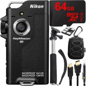Nikon KeyMission 80 Full HD Action Camera with Built-In Wi-Fi + 64GB MicroSD Memory Card + Sport Case + 43" Selfie Stick & More