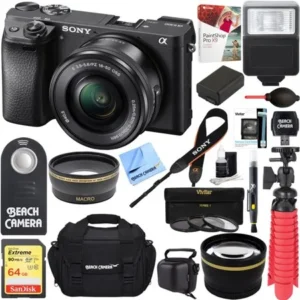 Sony ILCE-6300 a6300 4K Mirrorless Camera w/ 16-50mm Power Zoom Lens + 64GB Accessory Bundle + DSLR Photo Bag + Extra Battery + Wide Angle Lens+2x Telephoto Lens + Flash + Remote + Tripod