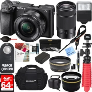 Sony Alpha a6500 24.2MP Wi-Fi Mirrorless Camera 16-50mm & 55-210mm Zoom Lens (Black) + NP-FW50 Spare Battery + Accessory Bundle