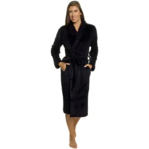 Silver Lilly Women Black Plush Wrap Kimono Bath Robe Loungewear w Tie Belt (S/M)