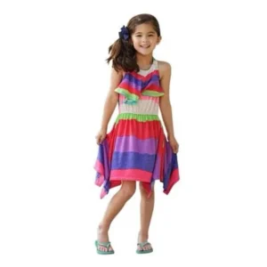 Big Girls Multi Color Stripe Pattern Hanky Hem Style Sleeveless Dress 10