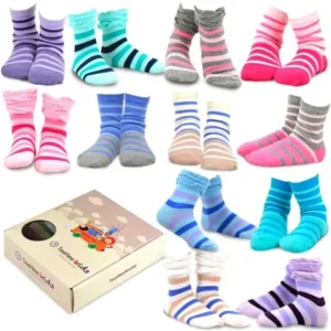 TeeHee Kids Girls Cotton Fashion Crew Socks 12 Pair Pack (6-8 Years, Tonal Stripe & Ruffle Top)