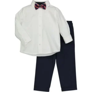 Boys' White Dress Shirt And Stiped Bowtie Set