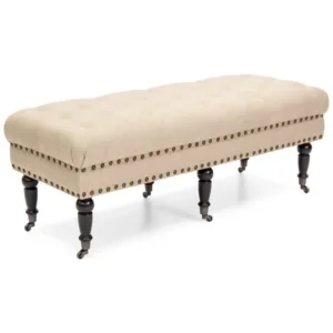 Best Choice Products Upholstered Tufted Linen Baroque Ottoman Stool Seat Bench w/ Studded Rivets, Wheel Casters - Beige