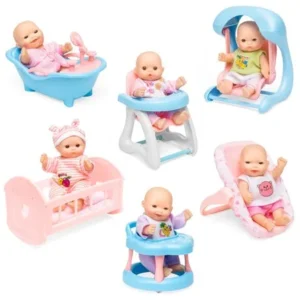 Best Choice Products Set of 6 Mini Baby Dolls Toy w/ Cradle, High Chair, Walker, Swing, Bathtub, Infant Seat