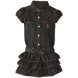 U.S. POLO ASSN. Little Girls' Denim Tiered Ruffle Dress, Black, 5