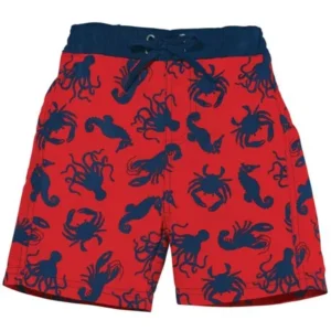 Sun Smarties Boys Swim Shorts - Red Sealife Design - Mesh-Lined Boardshorts Swimwear Trunks