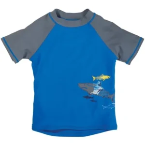 Sun Smarties Little Boy Rashguard - Blue and Gray with Shark Design - UPF 50+ Short Sleeve Swim Shirt