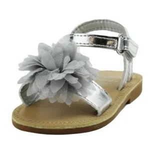 Stepping Stones Little Girls Gladiator Silver Sandals with Flower and Back Straps Girls Strappy Sandals For Casual or Dress Open Toe Summer Sandals Infant Toddler Kids Shoes for Children Slide Size 3