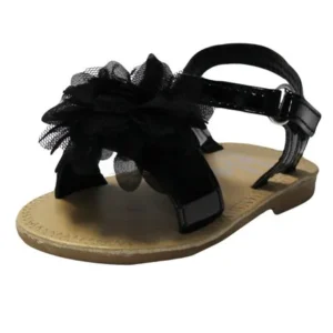 Stepping Stones Little Girls Gladiator Black Sandals with Flower and Back Straps Girls Strappy Sandals For Casual or Dress Open Toe Summer Sandals Infant Toddler Kids Shoes for Children Slide Size 3