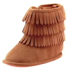 First Steps Fringe Moccasin Baby Girl Boots Micro Suede Booties Chestnut Brown 2