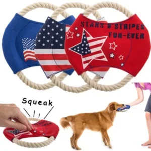 Unique Petz (Set Of 3) USA American Flag Rope Dog Toys Durable Canvas Pet Frisbees With Squeakers For Chewing & Tug Play