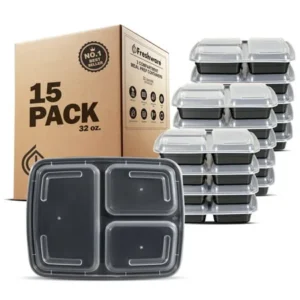 Freshware 15-Pack 3 Compartment Bento Lunch Boxes with Lids - Stackable Reusable Microwave Dishwasher & Freezer Safe - Meal Prep Portion Control 21 Day Fix & Food Storage Containers (32oz), YH-3X15