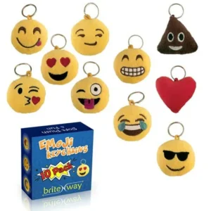 Emoji Keychain Round Faces Set of 10 - Cute Sweet Soft & Plush Yellow Pillow Keychains - Durable Metal Hook Ring - Funny Children Party Favors - Easy Installation on Backpacks, Purses, Phones & Stuff