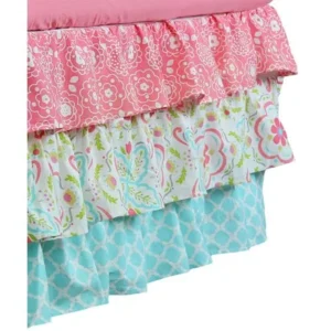 Gia Aqua Blue and Coral Pink Floral and Geometric Prints 3-Layer Crib Dust Ruffle by The Peanut Shell