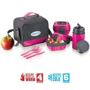 Lunch Box Bag Set for Adults and Kids ~ Pinnacle Insulated Leakproof Thermal Lunch KitLunch BagThermo bottle2 Lunch Containers With NEW Heat Release ValveMatching Cutlery (Pink)
