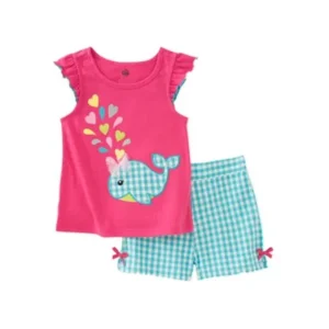 Kids Headquarters Infant Girls Set Whale Shirt & Blue Check Shorts Outfit 12m