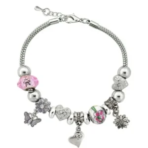 Silvertone Spring Flower Charm and Glass Beads Bracelet with Extender, 7.5"