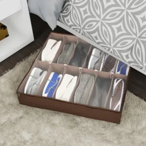 Under Bed Storage Shoe Organizer Bag with Clear Plastic Zippered Cover, Stores 12 Pairs of Shoes by Everyday Home (Brown)