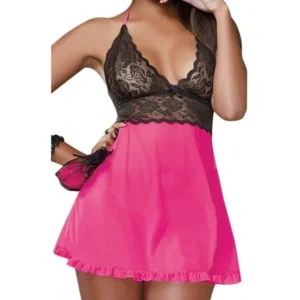 Women's Lingerie Lace Dress Underwear Sleepwear G string - Hot Pink/Black